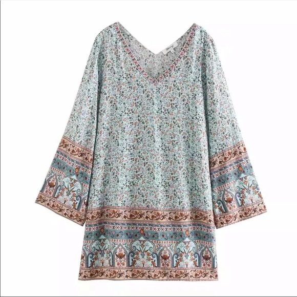 Boho Floral Gypsy Print V Neck Tunic Dress Blue - Picture 3 of 5